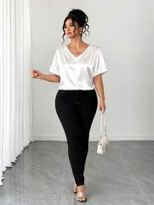 Elenzga Plus-Size Elegant Glossy Minimalist V-Neck Satin Shirt For Women, A Casual Business Summer Outfit. - White - View 6