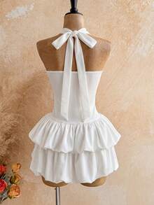 Flirla Women's Elegant Everyday Versatile Commute Casual White Short Dress With Layered Ruffle Hem, Halter Neck Tie Bow - White - View 2