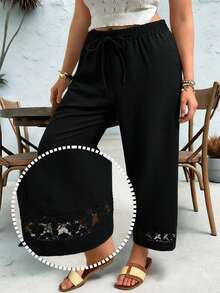 Ceyna Plus Size Casual Elegant Pleated Hollow Floral Drawstring Pants, Suitable For Summer And Vacation Black Fall - Black - View 1