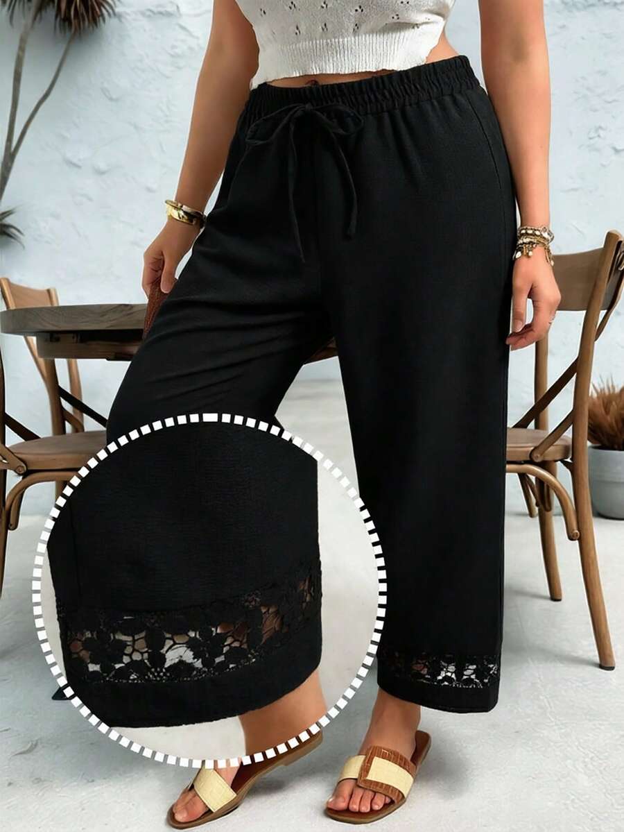 Ceyna Plus Size Casual Elegant Pleated Hollow Floral Drawstring Pants, Suitable For Summer And Vacation Black Fall - Black - View 1