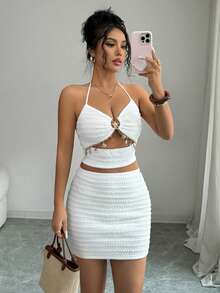 Selianne Women's Summer Fashion Vacation Outfit, Shell Metal Decor Camisole + Mini Skirt Beach Vacation White Tropical - White - View 3