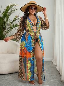 Slaydiva Kimono Panjang Model Ikat Pinggang Motif Leopard Blok Warna Ukuran Plus - MultiWarna - View 2