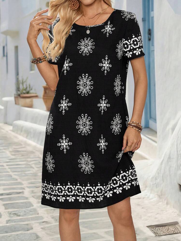 Women's Floral Print Casual Round Neck Short Dress For Vacation Summer Outfit For Women Summer Dress Casual Dresses For Women Casual Women's Dresses Vacation Outfits Women,Summer Dresses For Women Causal Dresses For Women Summer Holiday Outfits For Women Dress Country Dress