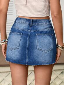 Breezaya Chân váy denim ngắn eo lệch, phong cách thường ngày mùa hè - Màu xanh lam - Xem 2