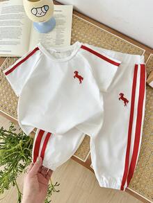 SHEIN 女嬰 2件/套 春季套裝 白色與紅色 夏季休閒城市度假運動風 寬鬆刺繡短澎澎袖上衣&條紋長褲 - 白色 - 查看 8