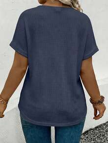 EMERY ROSE New Arrival Plus Size Women's Fashion Casual Versatile Bestselling Neon Color V-Neck Short Sleeve T-Shirt - Navy Blue - View 2