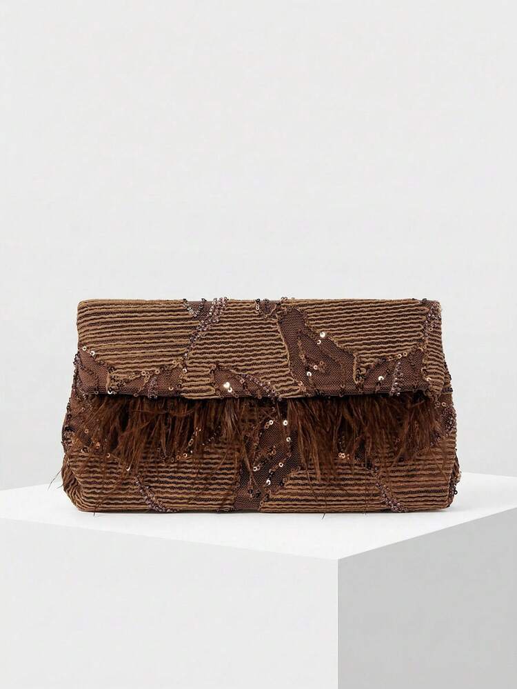 LADIES ELEGANT FLORAL PATTERN BEAD MATERIAL CLUTCH BAG ENVELOPE BAG WITH ARTIFICIAL FEATHER DECORATION,VALENTINES DAY