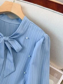 GlowEve CURVE Vestido de talla grande de verano elegante con corbata delantera y decoración de perlas - Azul - Ver 4