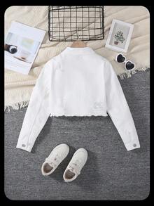 SHEIN 青少年女孩牛仔夾克外套，秋冬新款復古白色水洗做舊修身短版牛仔夾克與外套，舒適柔軟面料，街頭時尚百搭，女孩牛仔夾克 - 白色 - 查看 2