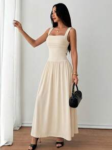 SHEIN PETITE Đầm nữ màu nâu cà phê trơn thanh lịch, cổ vuông, dáng xòe, thích hợp cho mùa xuân/hè. - Màu be - Xem 6