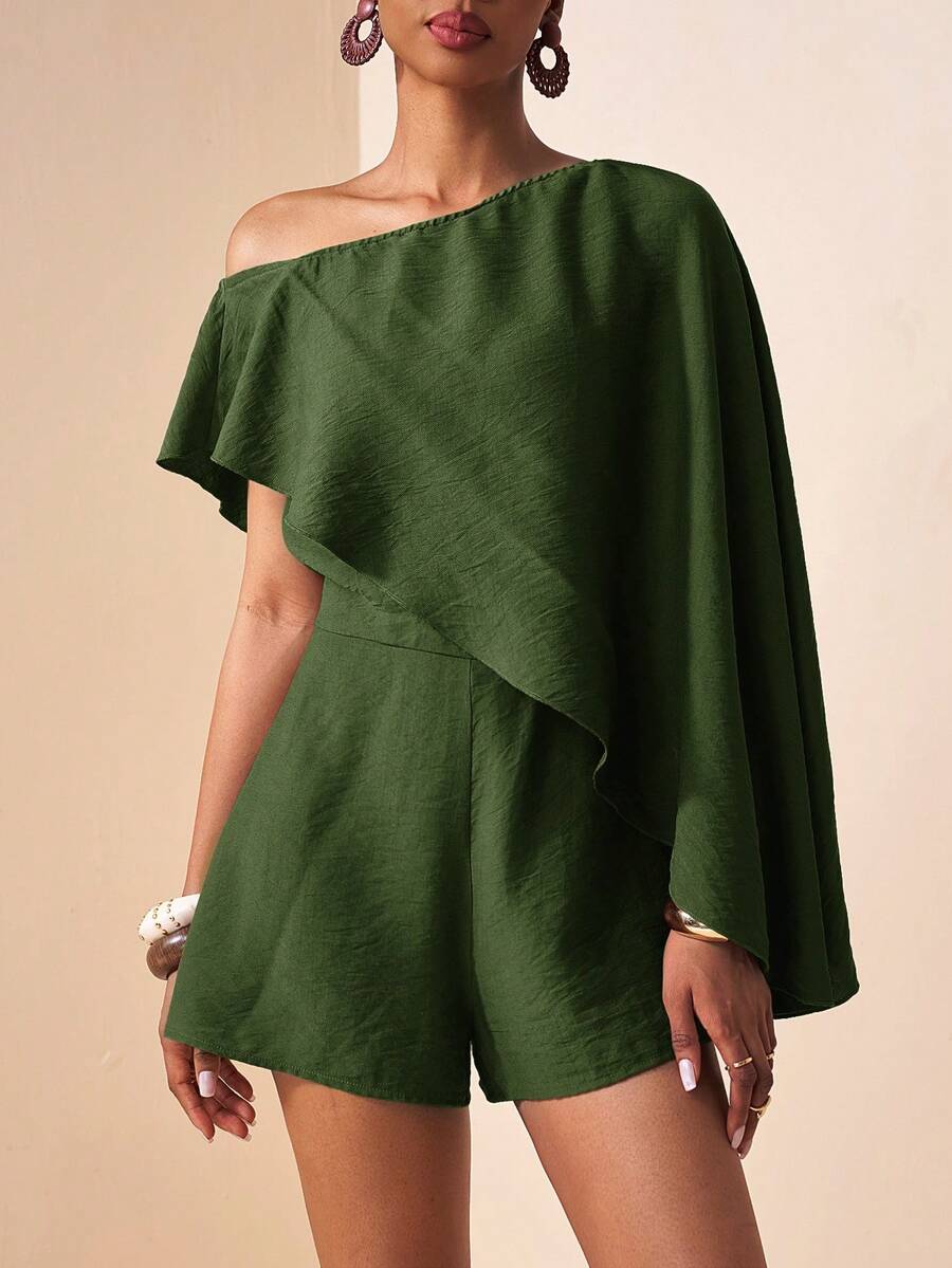 Zivah Elegant Army Green Asymmetrical Shoulder Flowy Jumpsuit Shorts For Summmer Vacation,Music Festival,Date,Wedding Guest,Party,Commute,Casual Streetwear - Army Green - View 1