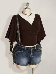 SHEIN ICON Plus Size Women V-Neck Flare Sleeve Ruched T-Shirt - Brown - View 6