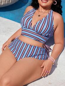 Swim Mod Bộ bikini cạp cao cổ chữ V sâu, dây rút bên hông, họa tiết sọc nhiều màu sắc mới năm 2026, trang phục đi biển gợi cảm. - Nhiều màu - Xem 3