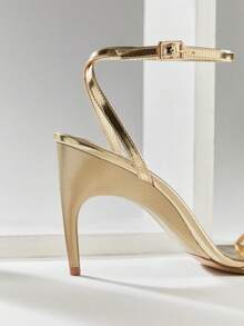 SHUZIA Women's Elegant Minimalist Square Toe Ankle Strap Stiletto Heel Sandals Summer Shoes - Gold - View 5