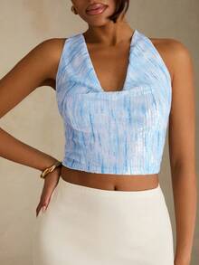 SHEIN Glamour Women's Summer Fashion Sexy Elegant Elegant Resort Style White Sequin Halter Backless Cropped Top Golf - Blue - View 1