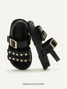 Cozy Pixies A Pair Of Fashionable Versatile Retro Roman Sandals, Girls' Black Rivet Open-Toed Sandals, Cool Summer Soft-Soled Versatile Princess Shoes, - Black - View 1