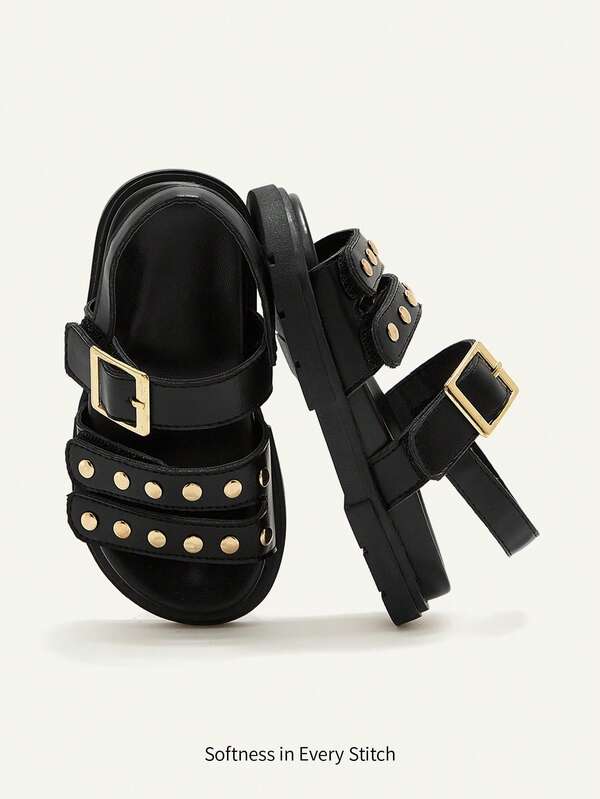 Cozy Pixies Un par de sandalias romanas retro versátiles y de moda, sandalias negras con remaches y punta abierta para niñas, zapatos de princesa versátiles de suela blanda y frescos para el verano,