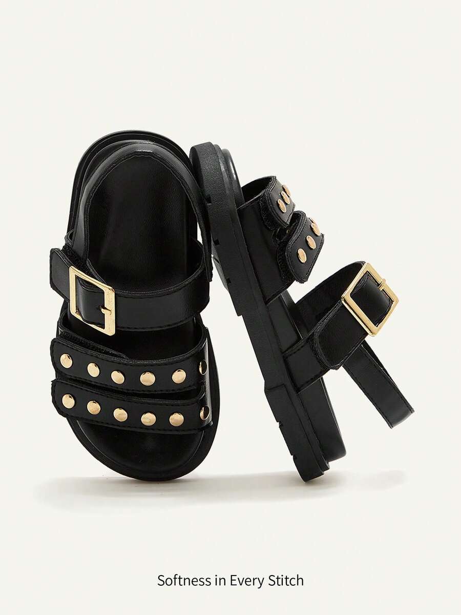 Cozy Pixies A Pair Of Fashionable Versatile Retro Roman Sandals, Girls' Black Rivet Open-Toed Sandals, Cool Summer Soft-Soled Versatile Princess Shoes, - Black - View 1