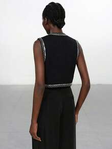 Aveloria Modichic Retro Beaded Embroidered Velvet Sleeveless Short Jacket Vest For Women - Black - View 2