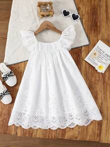SHEIN Young Girl Woven Solid Color Ruffle Collar Pleated Casual Dress - White - View 2