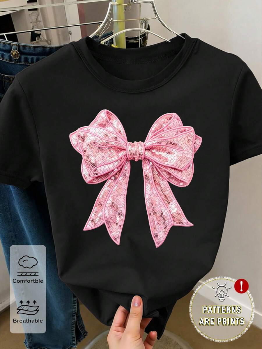 春夏季青少年女孩休閒時尚創意個性清爽極簡亮粉色蝴蝶結圖案印花舒適基本款短版T恤,適合春、夏、秋季休閒穿著 - 黑色 - 查看 1