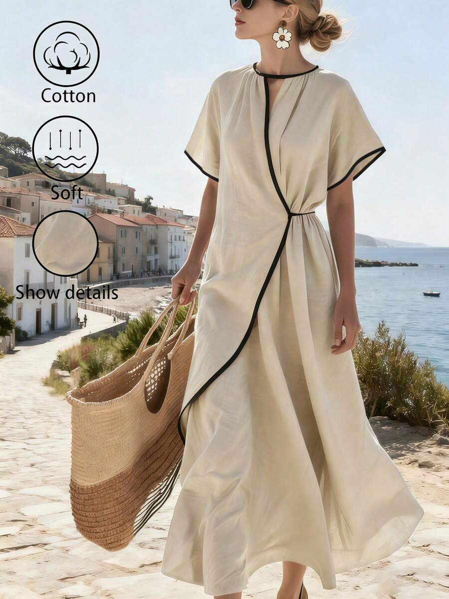 Hotletica Women's Contrast Trim Dress, Suitable For Spring/Summer Vacation Golf White Sexy - Khaki - View 1
