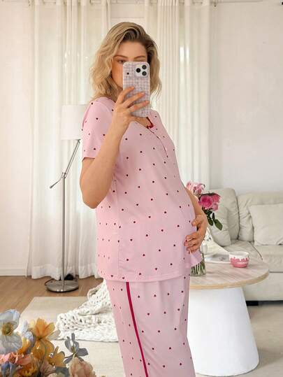 Moonlight&Mama 爱心印花短袖套头衫和裤子舒适孕妇睡衣套装