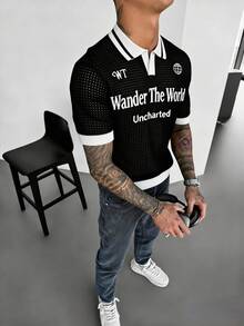 Manfinity EMRG Camiseta de punto casual de manga corta con gráfico de eslogan para hombre - Negro - Ver 5