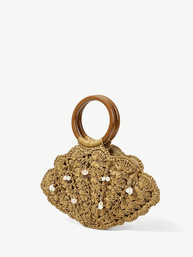 SHEIN Maija Ladies, Women Top Handle Bags, Straw Bag, Straw Woven Bag, Faux Pearls, Marine-Themed Ornaments, Fashionable, Elegant, Simple, Personalized, Versatile, For Beach, Vacation, Holiday, Summer, Seaside, Beach Party