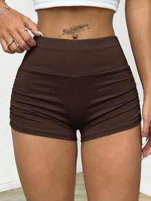SHEIN EZwear 女士纯色高腰褶皱休闲短裤 - 咖啡棕 - 查看 3