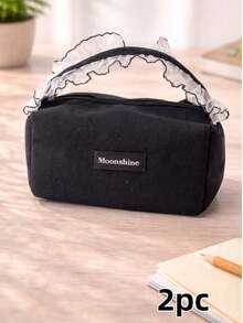 Joivida 1Pc/2Pcs Lace-Trimmed Canvas Cosmetic Bag, Portable Toiletry Bag, Travel Carry-On Bag. - Black - View 9