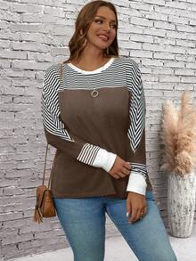 Rosumi Plus Size Women's Casual Crew Neck Striped Batwing Sleeve T-Shirt, Spring/Fall,Fall Clothes For Women - Brown - View 2