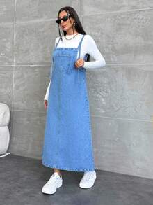 Women's Casual Loose Pocket Design Denim Pinafore Dress - Medium Wash - View 4