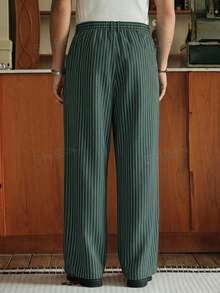 SWAVVY Men's Striped Zipper Button Pocket Pants With Belt Loops, Minimalist Design Suitable For Office & Outings - Dark Green - View 3