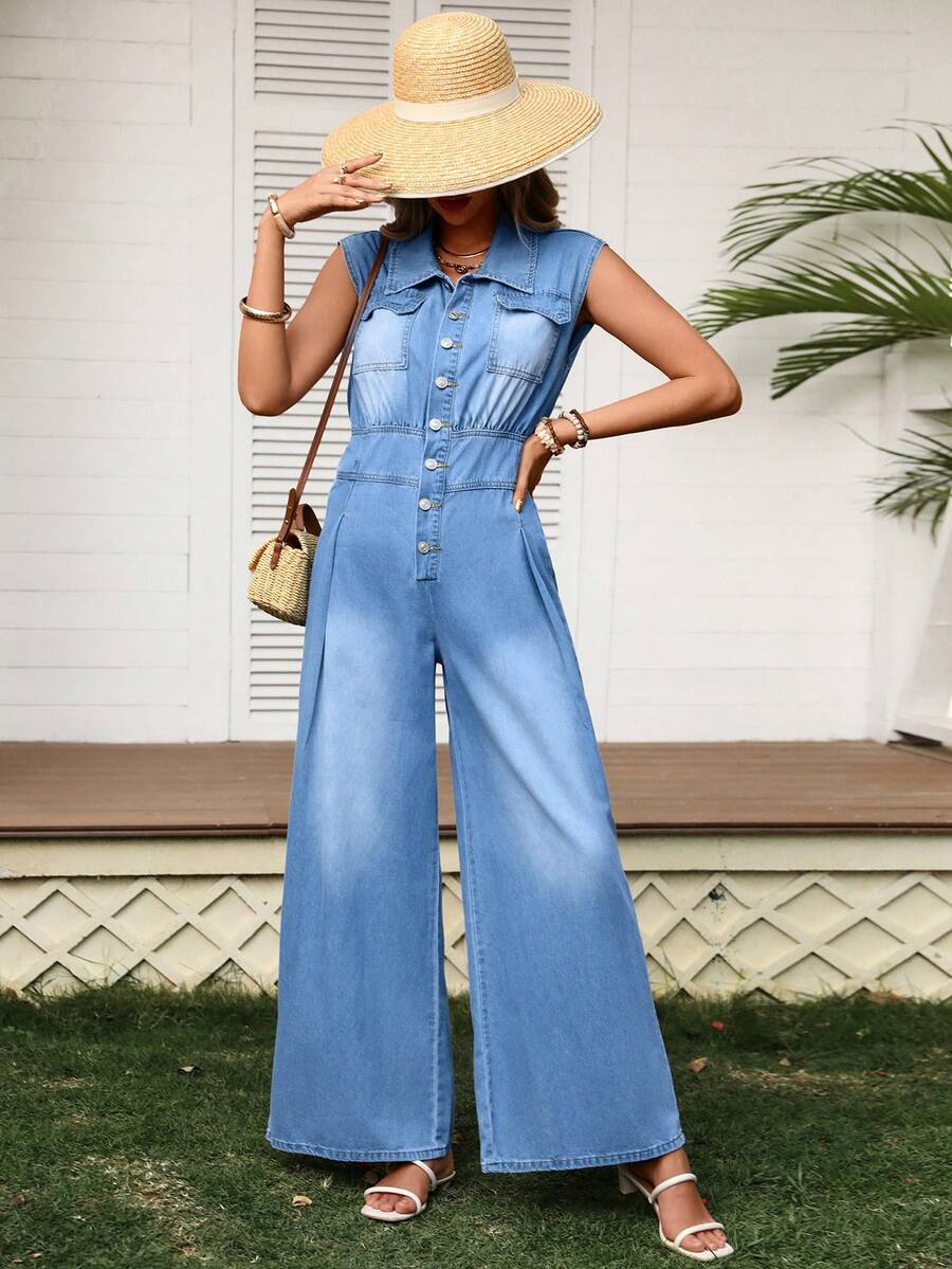 Breezaya Women's Summer Casual Washed Front Button Sleeveless Denim Jumpsuit - Blue - View 1