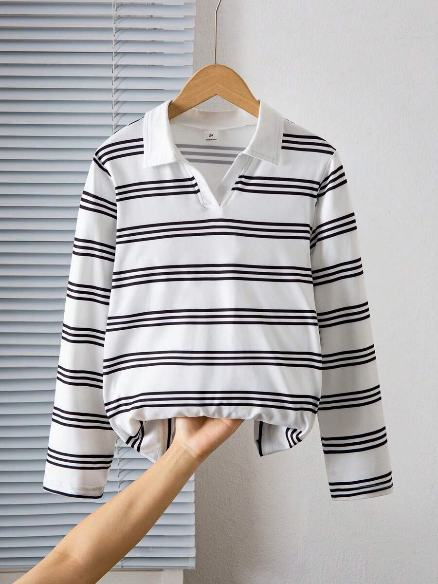 SHEIN Girls' Comfortable Soft V-Neck Long Sleeve Striped T-Shirt - Black and White - View 1