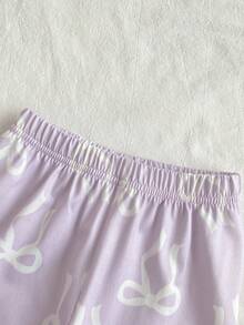 SHEIN 2-Piece Baby Girls Lavender White Bow Print Pajamas,Cute Summer Holiday Sleepwear Set,Soft Knit Lapel Collar Short Sleeve Cardigan & Long Pants Set - Mauve Purple - View 6
