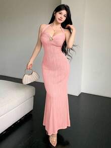 Celisse 女士优雅纹理纯色修身吊带鱼尾长裙 粉色吊带连衣裙 褶皱修身连衣裙 舞会长款正式礼服 女士正式礼服 高品质连衣裙 - 粉色 - 查看 4