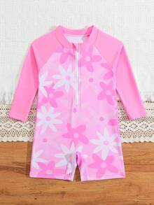 SHEIN Playful Pals 女童鲨鱼印花长袖连体泳衣，可爱图案，防晒，夏季 - 淺粉色 - 查看 3
