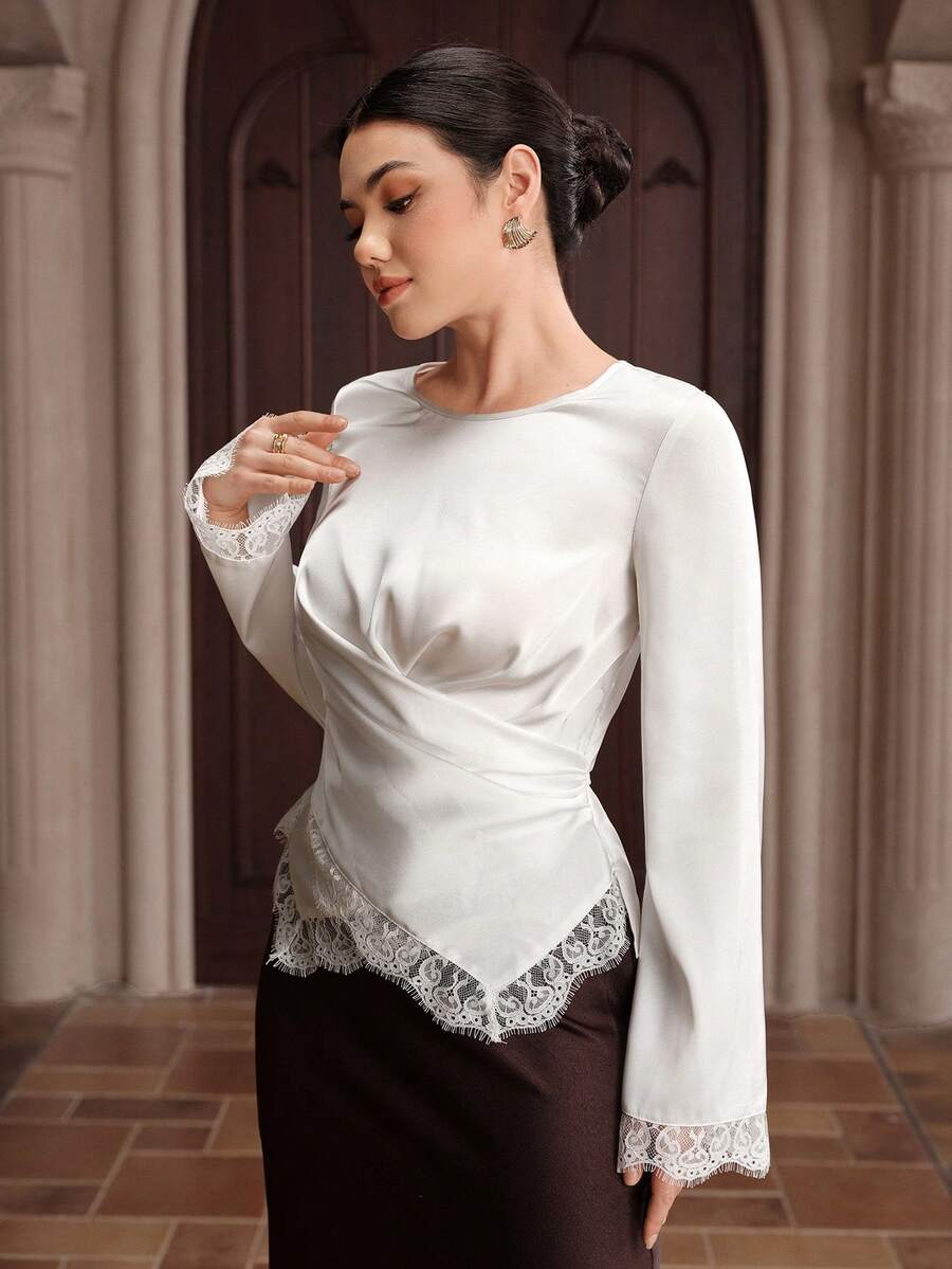 Graceveil Áo sơ mi nữ cổ tròn phối ren, kiểu dáng thường ngày, đa năng. - Màu be - Xem 1