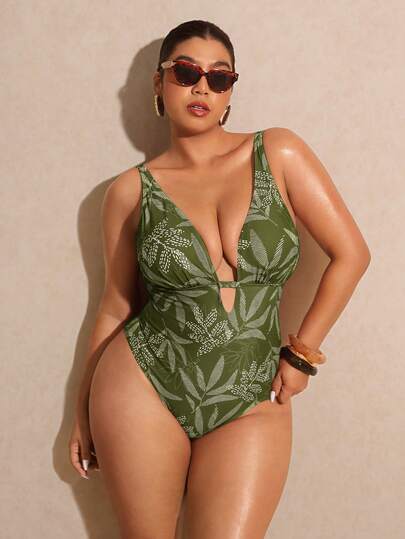 Elaquor Plus Size Women's Leaf Print One-Piece Swimsuit, Suitable For Beach Vacation, Pool Party, Beach Party