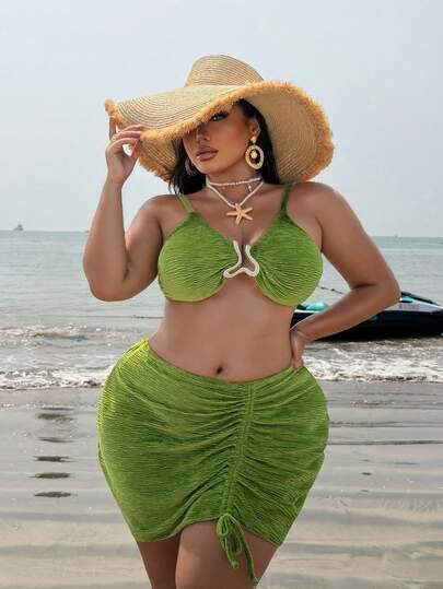 Swim SXY 2026 Spring New Plus Size Women 3-Piece Swimsuit Set, Green Wavy Jacquard Fabric, Adjustable Shoulder Straps, Cropped Pleated Skirt, Triangle Bottoms