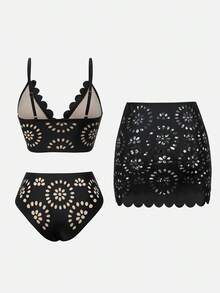 Swim Oasis Women Black Summer Casual Holiday Vacation 3 Pieces Swimwear Set, & Elegant Laser Cutout Boho Bathing Suit,Bohemian Beach Outfits Holiday Outfit - Multicolor - View 5