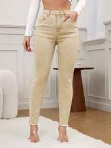 SHEIN FlexDen Quần jeans ống ôm màu trơn có đai, đa năng, thích hợp mặc hàng ngày. - Màu Khaki - Xem 9