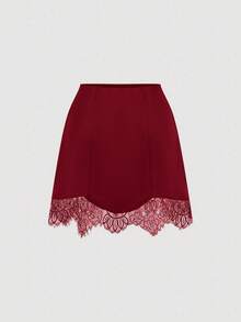 SHEIN MOD Rok Patchwork Renda Transparan Elegan untuk Wanita, Musim Panas - Burgundy - View 2