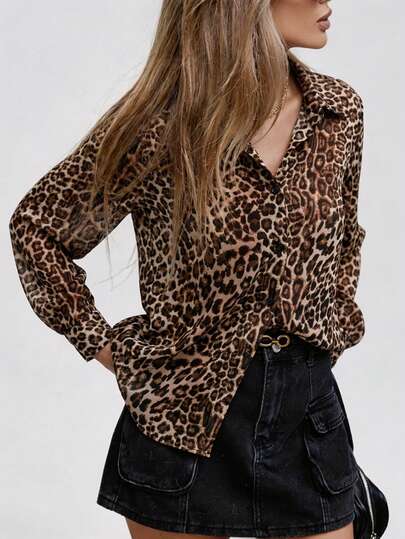 GENKIRA Blusa elegante de manga larga con cuello, de gasa transparente y estampado de leopardo. Elegante camisa casual de negocios con botones para mujeres