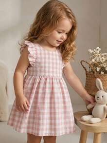 SHEIN Vestido casual y lindo para niñas bebé con cuadros, lazo y volantes en el bajo, adecuado para salidas de primavera/verano, vacaciones, fiestas, cumpleaños y uso diario - Rosa - Ver 4