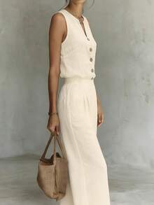 LUMIGAL Set de 2 piezas Camisa de cuello en V de lino-like color albaricoque y pantalones de pierna ancha para mujer, conjunto casual de vacaciones - Albaricoque - Ver 4