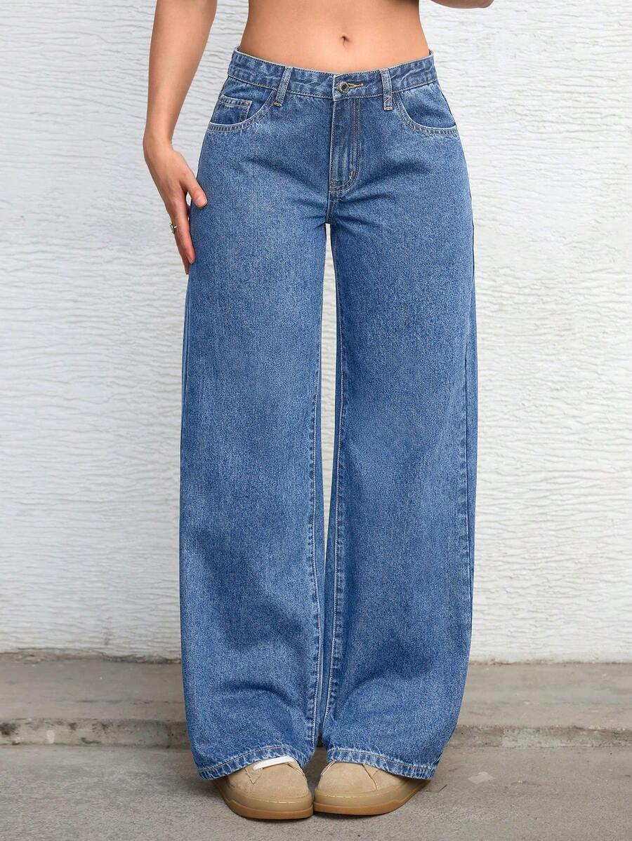 Quần jean denim nữ kiểu dáng thường ngày, có túi và cúc - Rửa trung bình - Xem 1