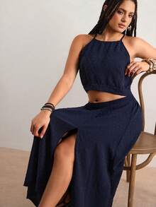 Freevana Plus Size Summer Boho Navy Blue Holiday Vacation 2 Pieces Set, Women's Polka Dot Strappy Off-Shoulder Cropped Top&High Slit Skirt Brunch Outfits Dresses - Royal Blue - View 9